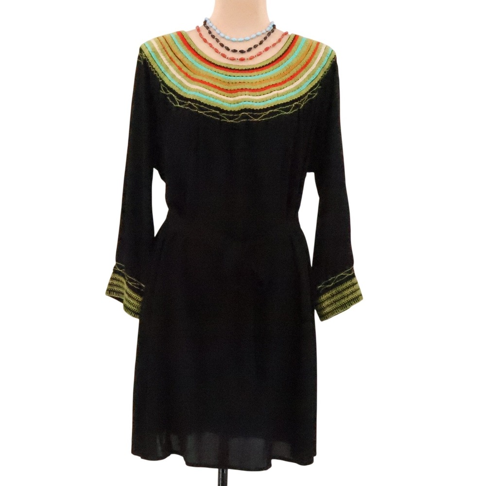 Anthropologie Uncle Frank Boho Embroidered Midi Dress Size S Belt Black Folk